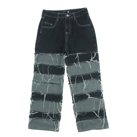 ノベセル ボーダー ライン ダメージ加工 デニム パンツ ジーンズ 中国製 ブラック系 グレー系 M【中古】