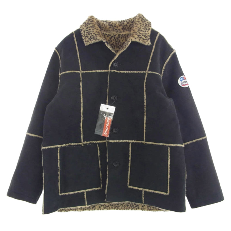 Supreme シュプリーム 19SS Reversible Faux Suede Leopard Coat リバーシブル レオパード ボア コート ブラック系 XL【美品】【中古】