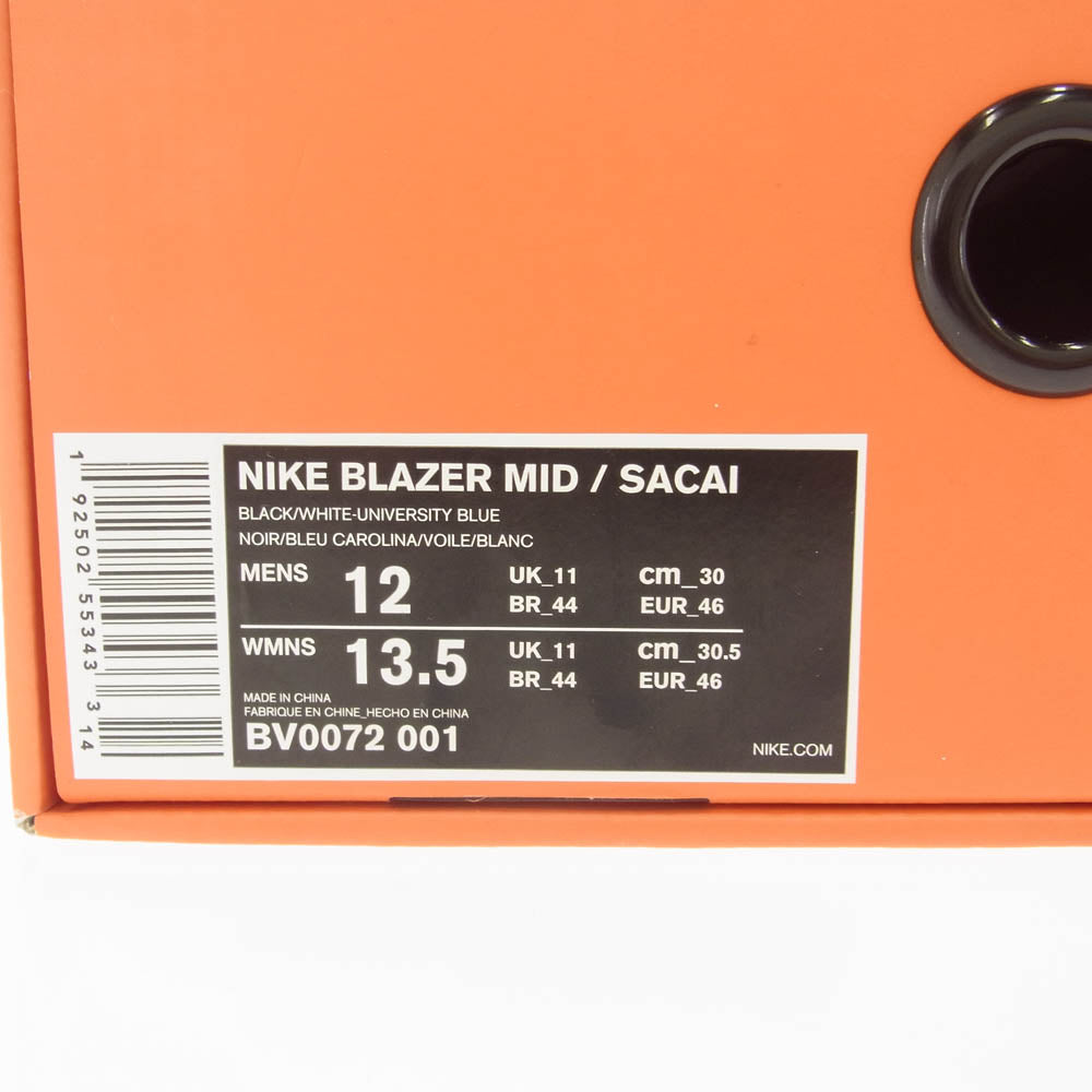 NIKE ナイキ BV0072-001 × sacai サカイ BLAZER MID BLACK  BLUE ブレーザー ミッド ブラック ブルー スニーカー ブラック系 ホワイト系 ブルー系 30cm【中古】