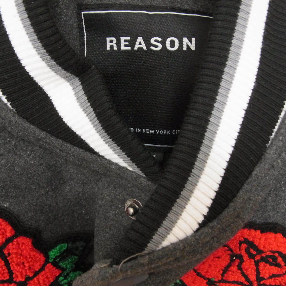 REASON リーズン スカル パッチワーク フェイクレザー切替 スタジアム ジャケット スタジャン グレー系 M【中古】