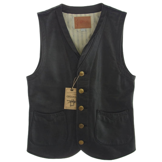 オルゲイユ OR-073 LEATHER WORKERS GILET カウレザー ワーク ベスト ジレ ブラック系 46【新古品】【未使用】【中古】