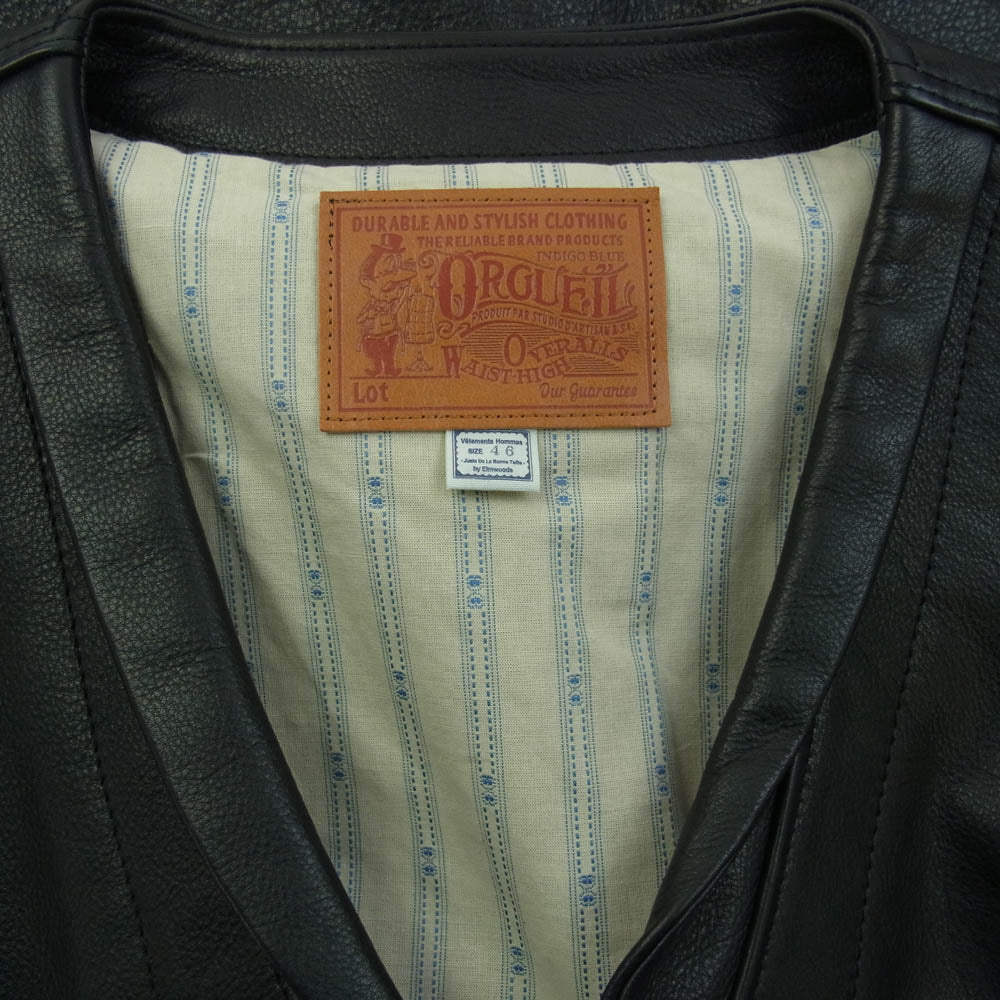 オルゲイユ OR-073 LEATHER WORKERS GILET カウレザー ワーク ベスト ジレ ブラック系 46【新古品】【未使用】【中古】