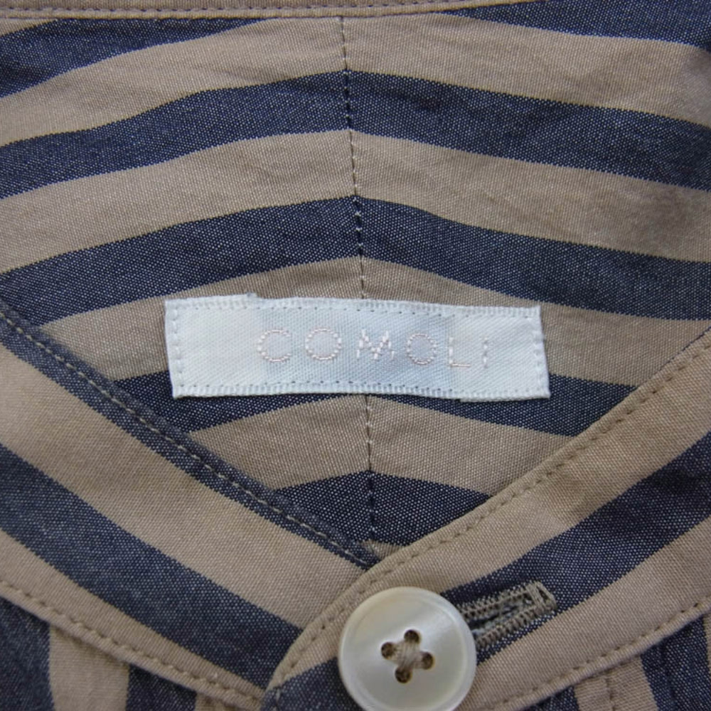 COMOLI コモリ 16AW J03-02002 ロンドンストライプ バンドカラー 長袖 シャツ コモリシャツ ベージュ系 ネイビー系 2【中古】
