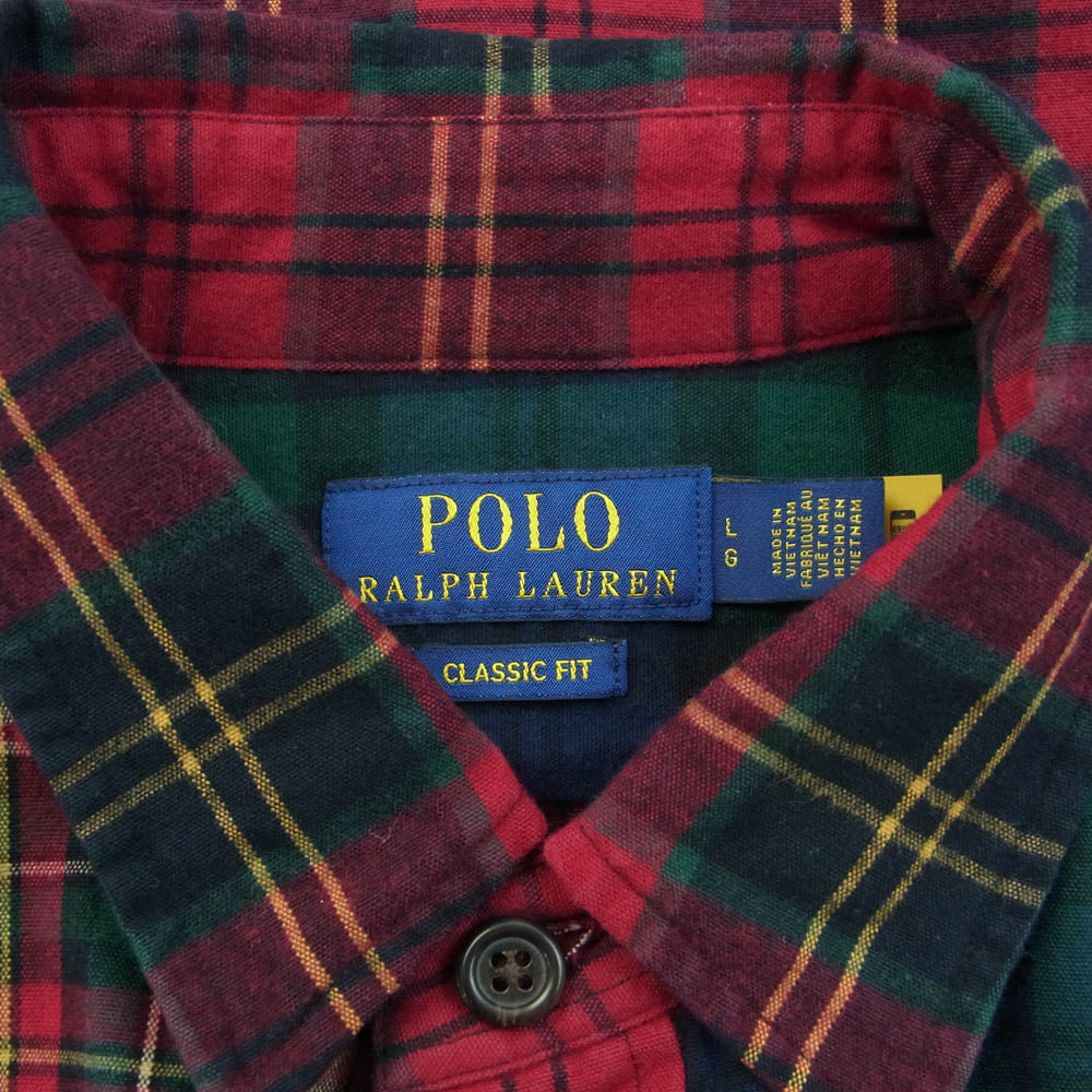 POLO RALPH LAUREN ポロ・ラルフローレン クレイジーパターン チェック シャツ 長袖 レッド系 グリーン系 L【中古】