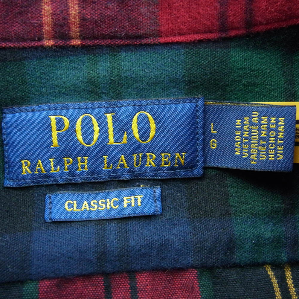 POLO RALPH LAUREN ポロ・ラルフローレン クレイジーパターン チェック シャツ 長袖 レッド系 グリーン系 L【中古】