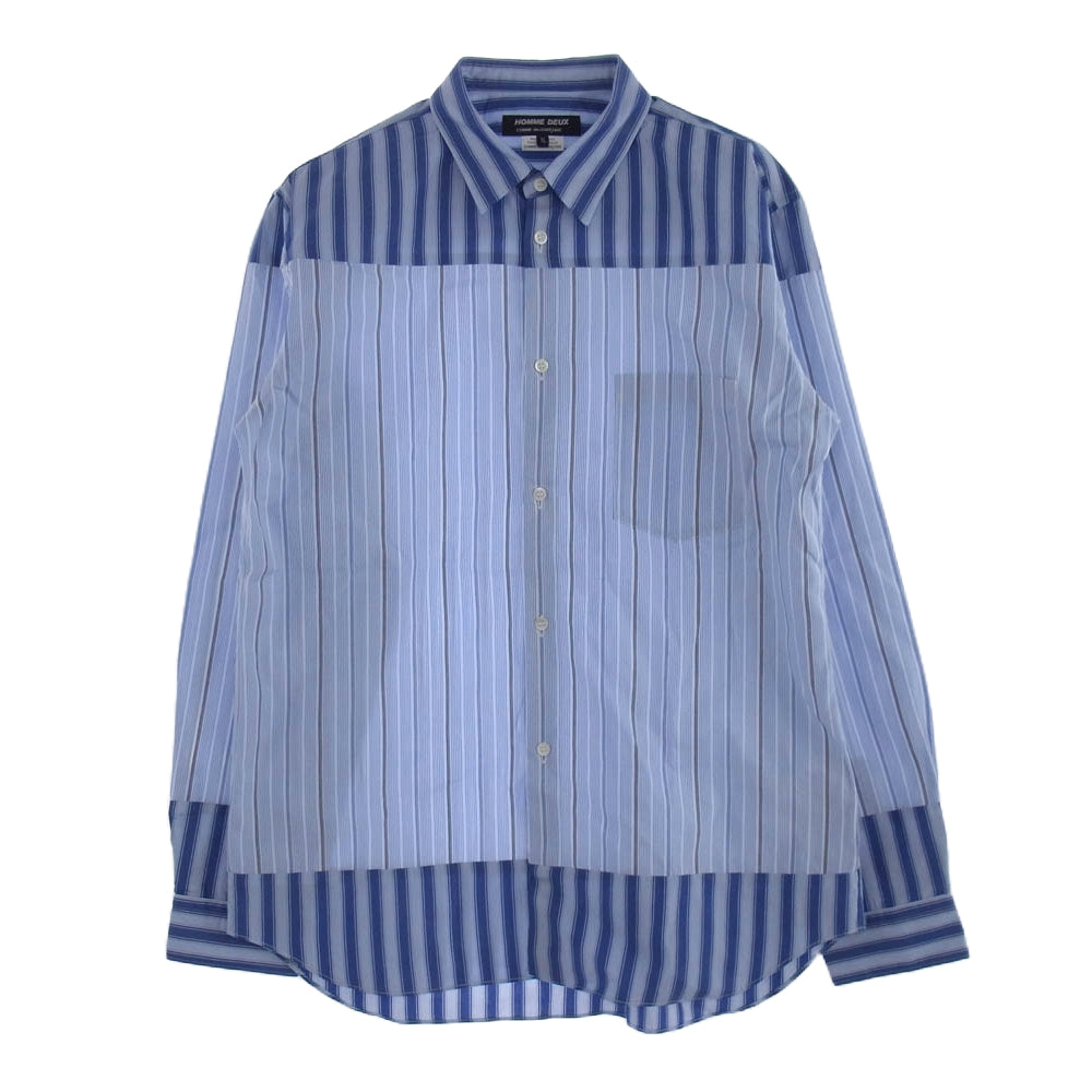 COMME des GARCONS HOMME DEUX コムデギャルソンオムドゥ DM-B021 ストライプ 切替し 長袖 シャツ ブルー系 XL【美品】【中古】