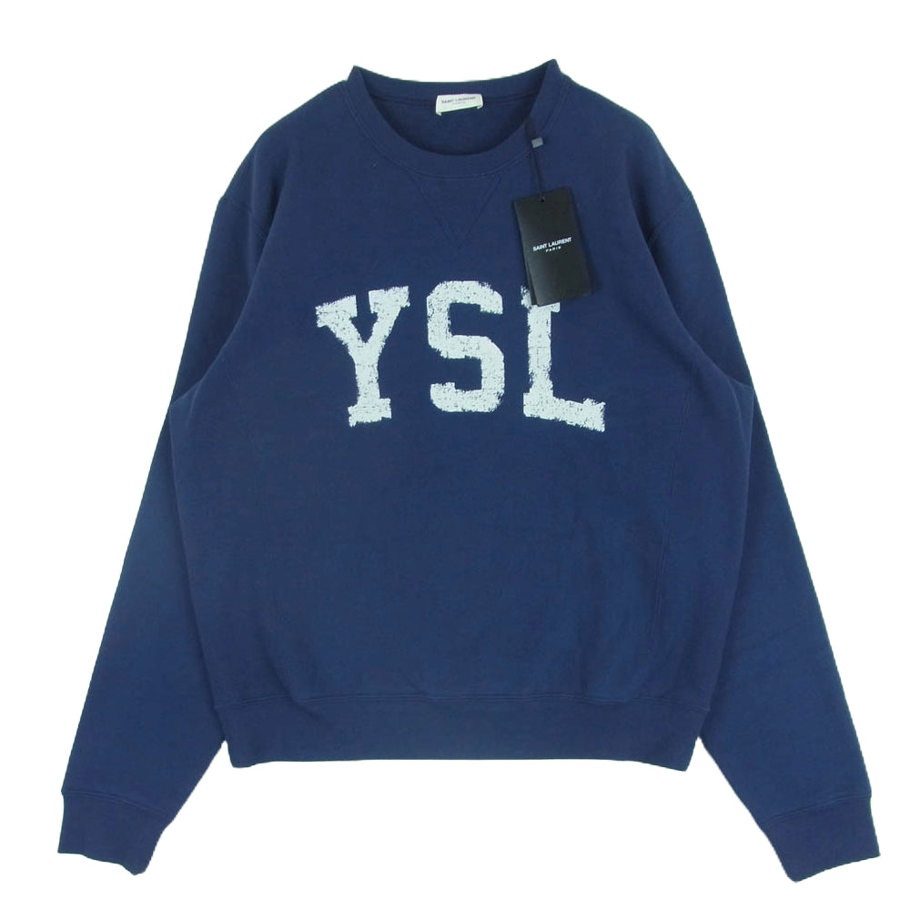 SAINT LAURENT サンローラン 666987 Y36IP Logo Print Sweat Shirt YSL ヴィンテージ ロゴ クルーネック スウェット ネイビー系 M【極上美品】【中古】