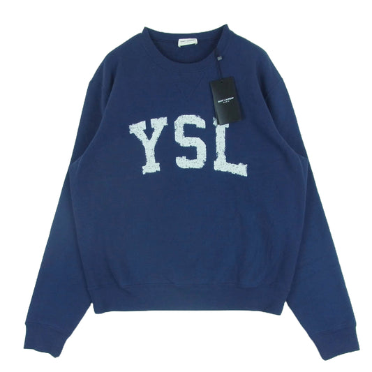 SAINT LAURENT サンローラン 666987 Y36IP Logo Print Sweat Shirt YSL ヴィンテージ ロゴ クルーネック スウェット ネイビー系 M【極上美品】【中古】