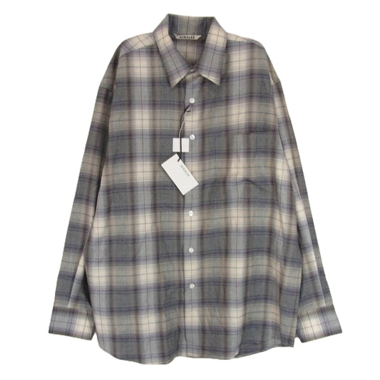AURALEE オーラリー 23AW A23AS01LC SUPER LIGHT WOOL CHECK SHIRT ウォッシャブル加工 ウール チェック柄 長袖シャツ グレー系 3【美品】【中古】