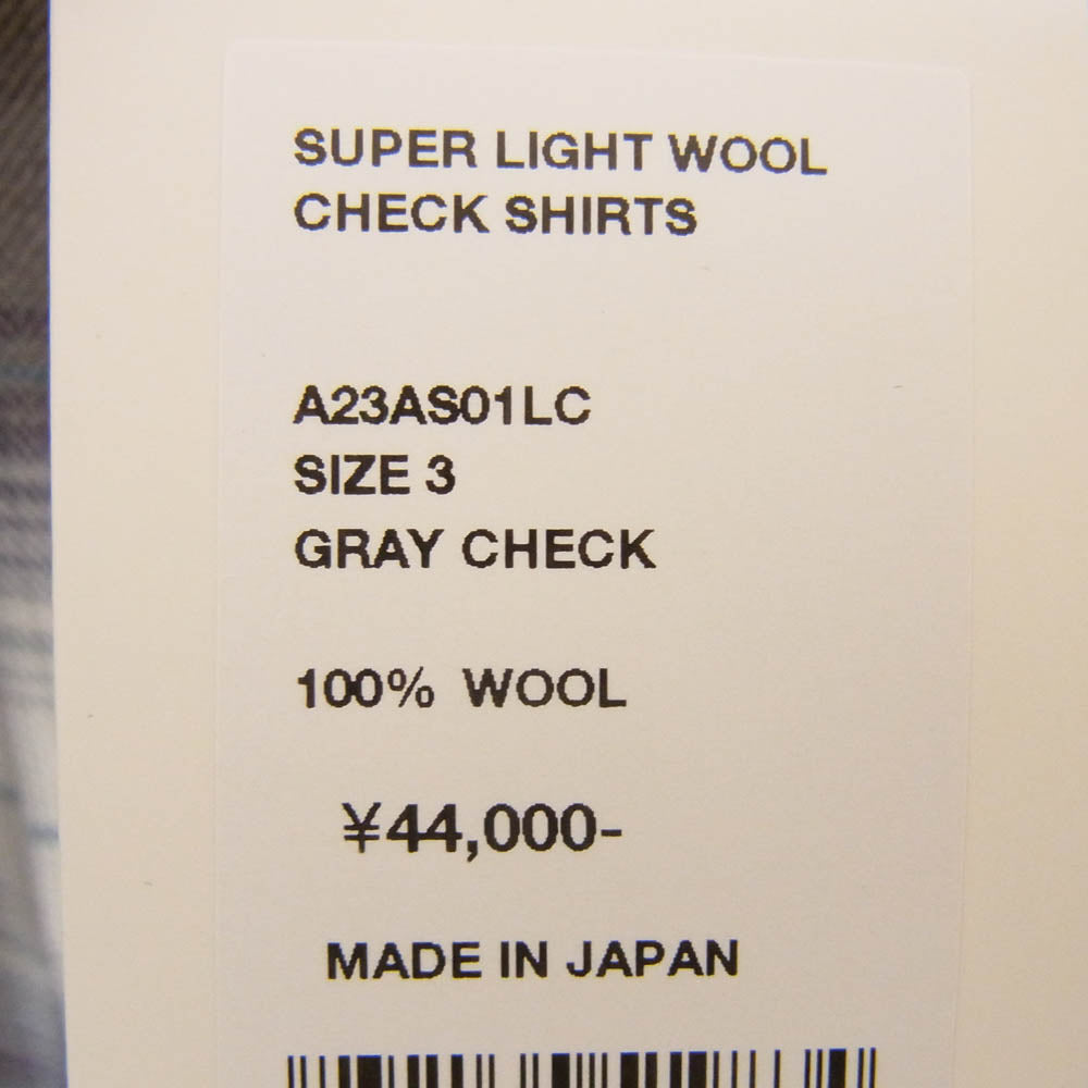 AURALEE オーラリー 23AW A23AS01LC SUPER LIGHT WOOL CHECK SHIRT ウォッシャブル加工 ウール チェック柄 長袖シャツ グレー系 3【美品】【中古】