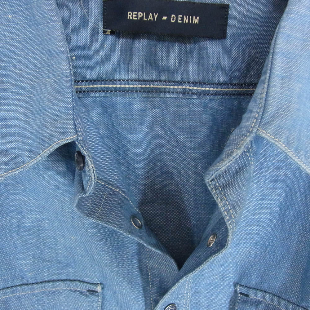 REPLAY リプレイ スナップボタン シャンブレー ワーク シャツ 長袖 インディゴブルー系 L【中古】