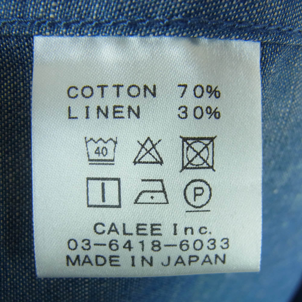 CALEE キャリー ワンポイント 刺繍 デニム シャンブレー シャツ 半袖 コットン リネン 日本製 インディゴブルー系 XL【中古】