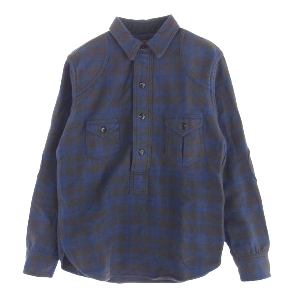 FREEWHEELERS フリーホイーラーズ ハーフボタン エルボーパッチ チェック シャツ 長袖 ブルー ブラック系 ブルー系 14【中古】