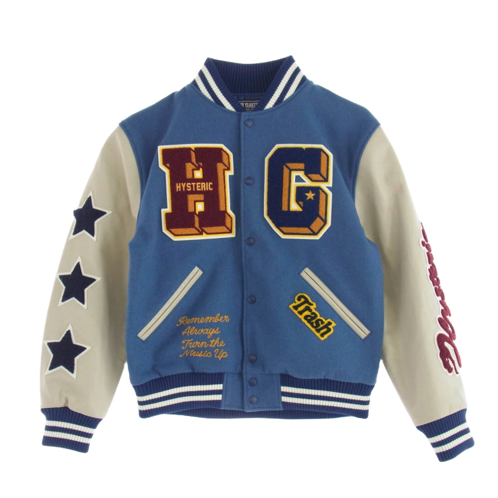 HYSTERIC GLAMOUR ヒステリックグラマー 02243AB10 TURN THE MUSIC UP 刺繍 スタジャン スタジアム ジャケット ブルー系 L【新古品】【未使用】【中古】