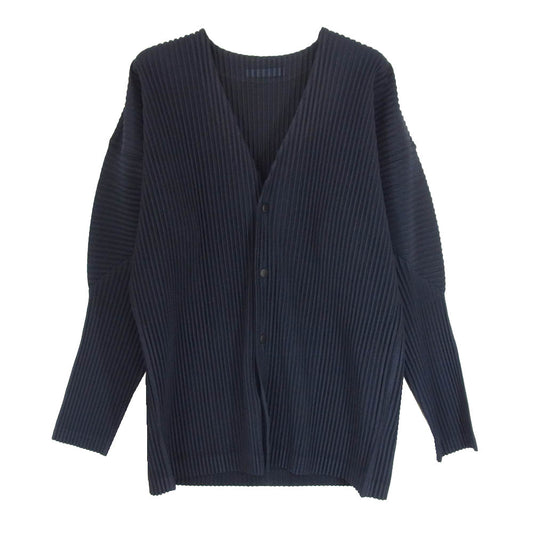 HOMME PLISSE ISSEY MIYAKE オム プリッセ イッセイミヤケ HP55-JL441-75 プリーツ加工 BASICS ベーシックス Vネック カーディガン ネイビー系 3【美品】【中古】