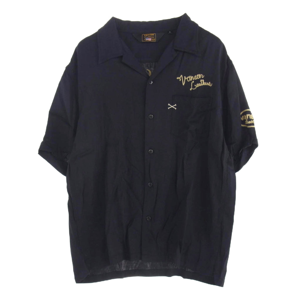 VANSON バンソン 刺繍 レーヨン オープンカラー 半袖 シャツ ブラック系 XL【中古】