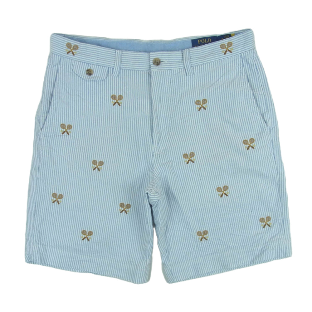 POLO RALPH LAUREN ポロ・ラルフローレン テニスラケット刺繍 ストライプ ショーツ ハーフ ショート パンツ ライトブルー系 ホワイト系 30【中古】