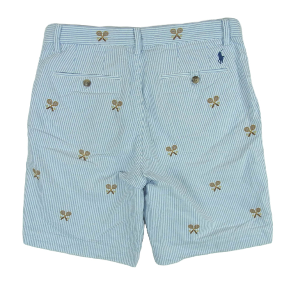 POLO RALPH LAUREN ポロ・ラルフローレン テニスラケット刺繍 ストライプ ショーツ ハーフ ショート パンツ ライトブルー系 ホワイト系 30【中古】