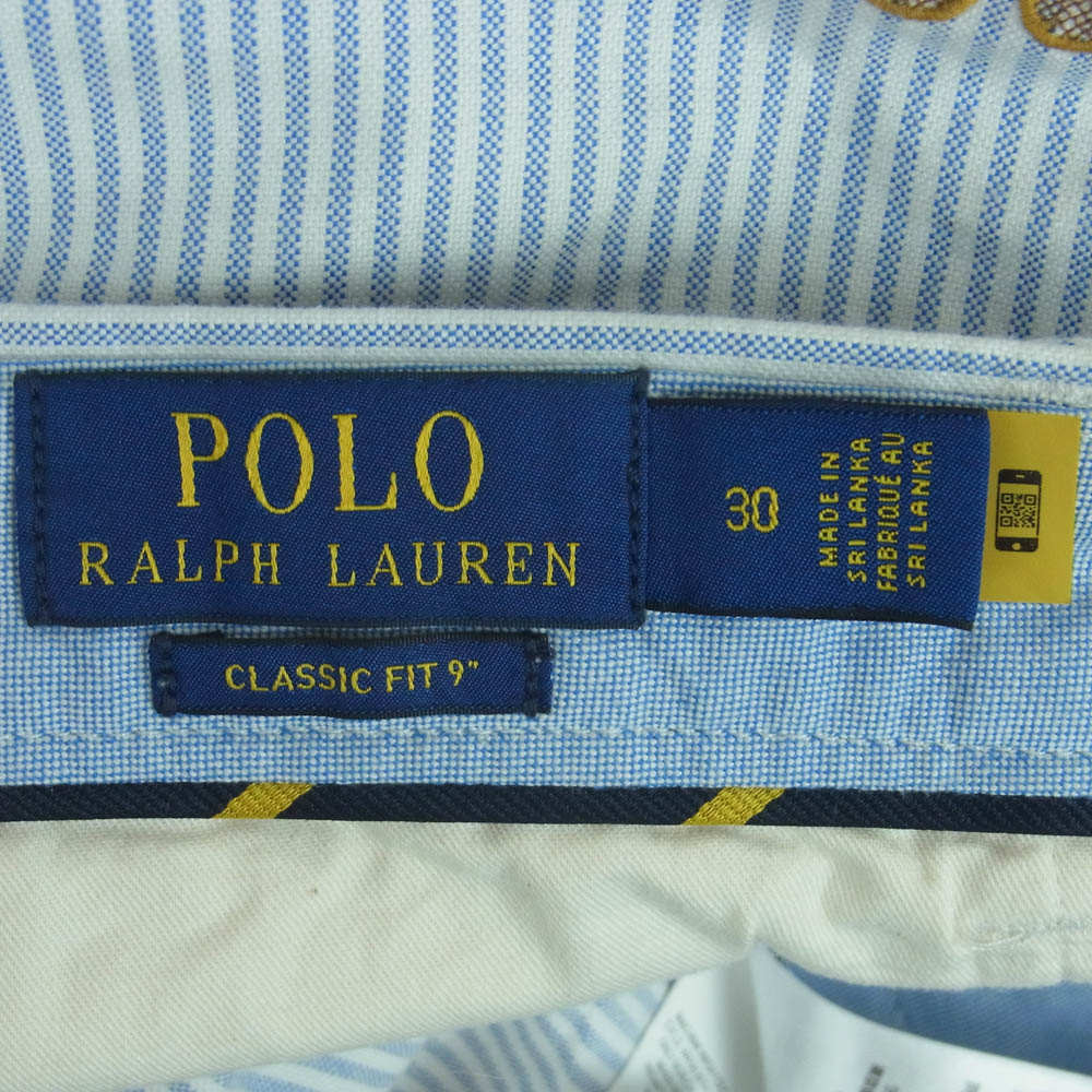 POLO RALPH LAUREN ポロ・ラルフローレン テニスラケット刺繍 ストライプ ショーツ ハーフ ショート パンツ ライトブルー系 ホワイト系 30【中古】