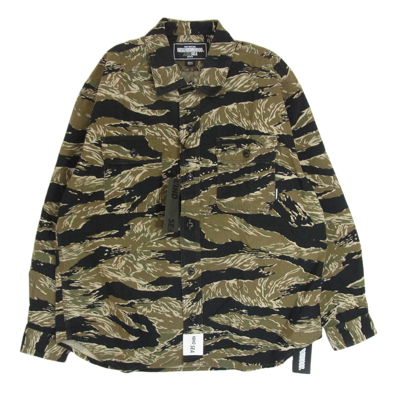 NEIGHBORHOOD ネイバーフッド WDS-C-NBHD-23-Q3-04 WIND AND SEA ウィンダンシー CAMOUFLAGE OFFICER SH タイガーカモ ミリタリー シャツ ジャケット カーキ系 S【中古】