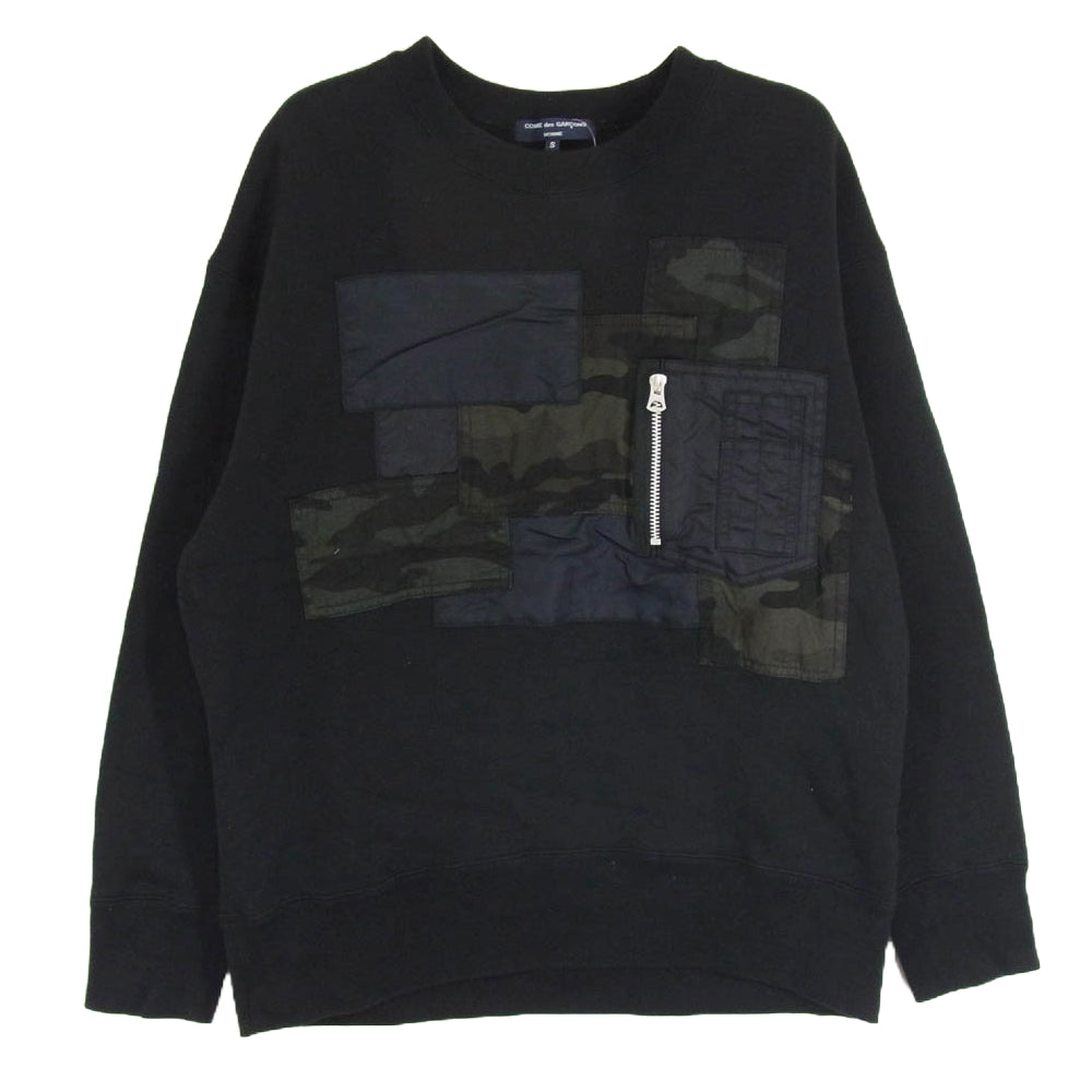 COMME des GARCONS HOMME コムデギャルソンオム 22AW HJ-T004 AD2022 綿裏起毛 多素材MIXスウェット 多素材パッチワーク クルーネック スウェット トレーナー ブラック系 S【中古】
