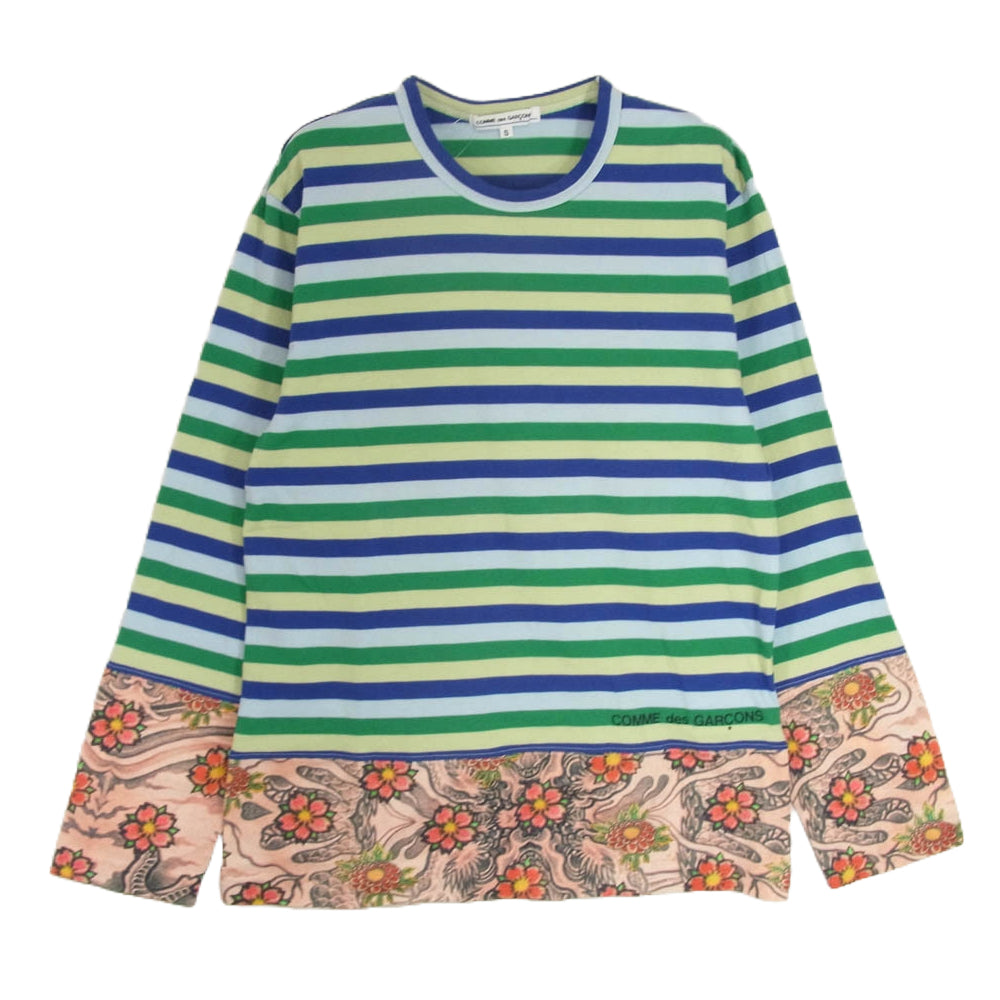 COMME des GARCONS コムデギャルソン OA-T005 ドラゴンプリント切替 フラワー マルチボーダー 長袖 カットソー Tシャツ マルチカラー系 S【中古】