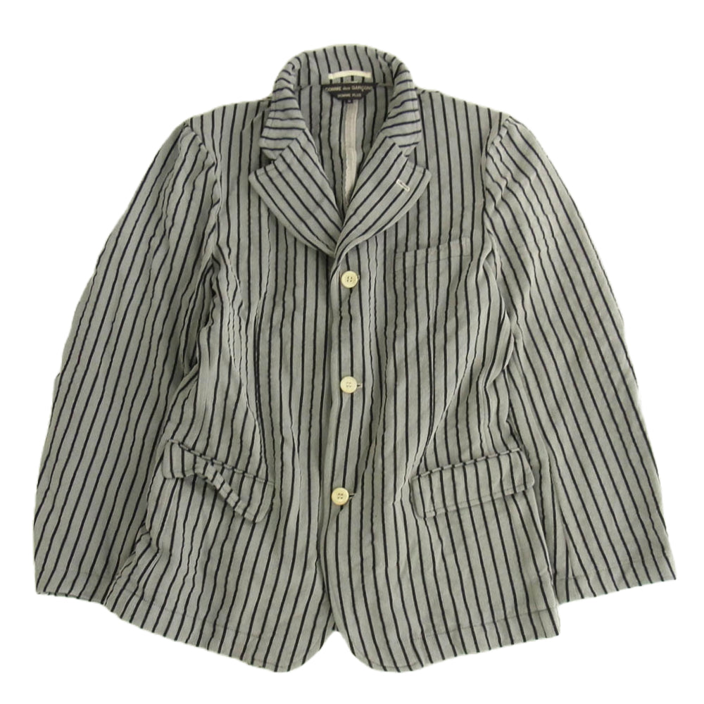 COMME des GARCONS HOMME PLUS コムデギャルソンオムプリュス AD1999 PJ10095M PP-10071M 90s ヴィンテージプリュス ポリ縮 エステル製品加工 ヘリンボーン柄 ストライプ テーラード ジャケット ストレートパンツ セットアップ グレー系 M【中古】