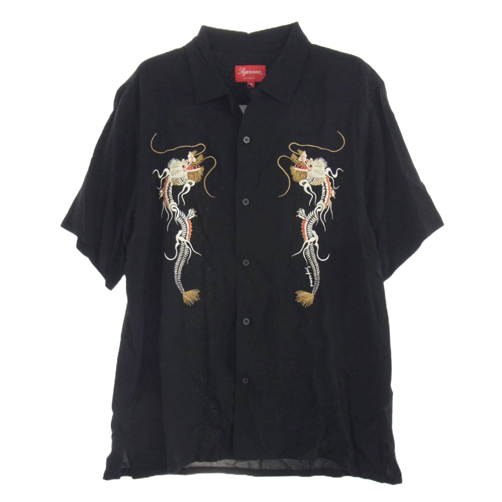 Supreme シュプリーム 18AW Dragon Rayon Shirt ドラゴン レーヨン  刺繍 オープンカラー 半袖 シャツ ブラック系 M【中古】