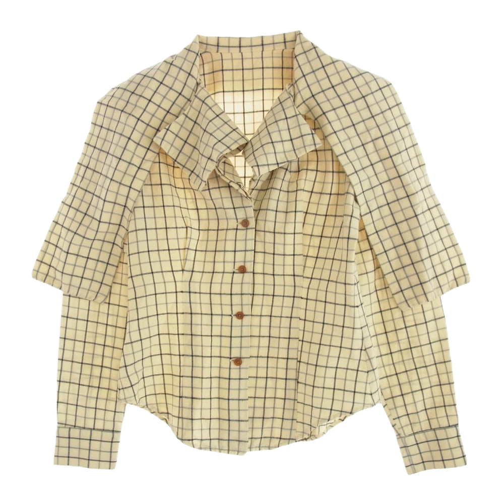 Vivienne Westwood ヴィヴィアンウエストウッド 357-01-85017 RED LABEL レッド レーベル ボウタイ リボン ウール混 チェック 長袖 変形 ブラウス シャツ 1 ベージュ系 2【中古】