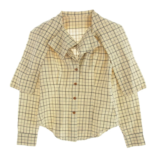 Vivienne Westwood ヴィヴィアンウエストウッド 357-01-85017 RED LABEL レッド レーベル ボウタイ リボン ウール混 チェック 長袖 変形 ブラウス シャツ 1 ベージュ系 2【中古】