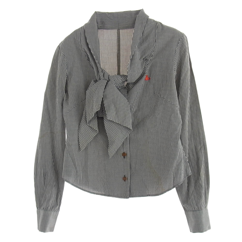 Vivienne Westwood ヴィヴィアンウエストウッド 357-01-87014 RED LABEL レッド レーベル オーブ刺繍 ボウタイ リボン ギンガムチェック 長袖 変形 ブラウス シャツ 1 ブラック系 1【中古】