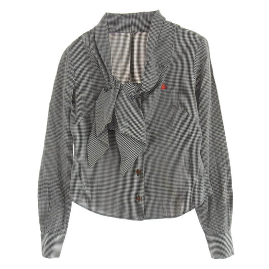 Vivienne Westwood ヴィヴィアンウエストウッド 357-01-87014 RED LABEL レッド レーベル オーブ刺繍 ボウタイ リボン ギンガムチェック 長袖 変形 ブラウス シャツ 1 ブラック系 1【中古】