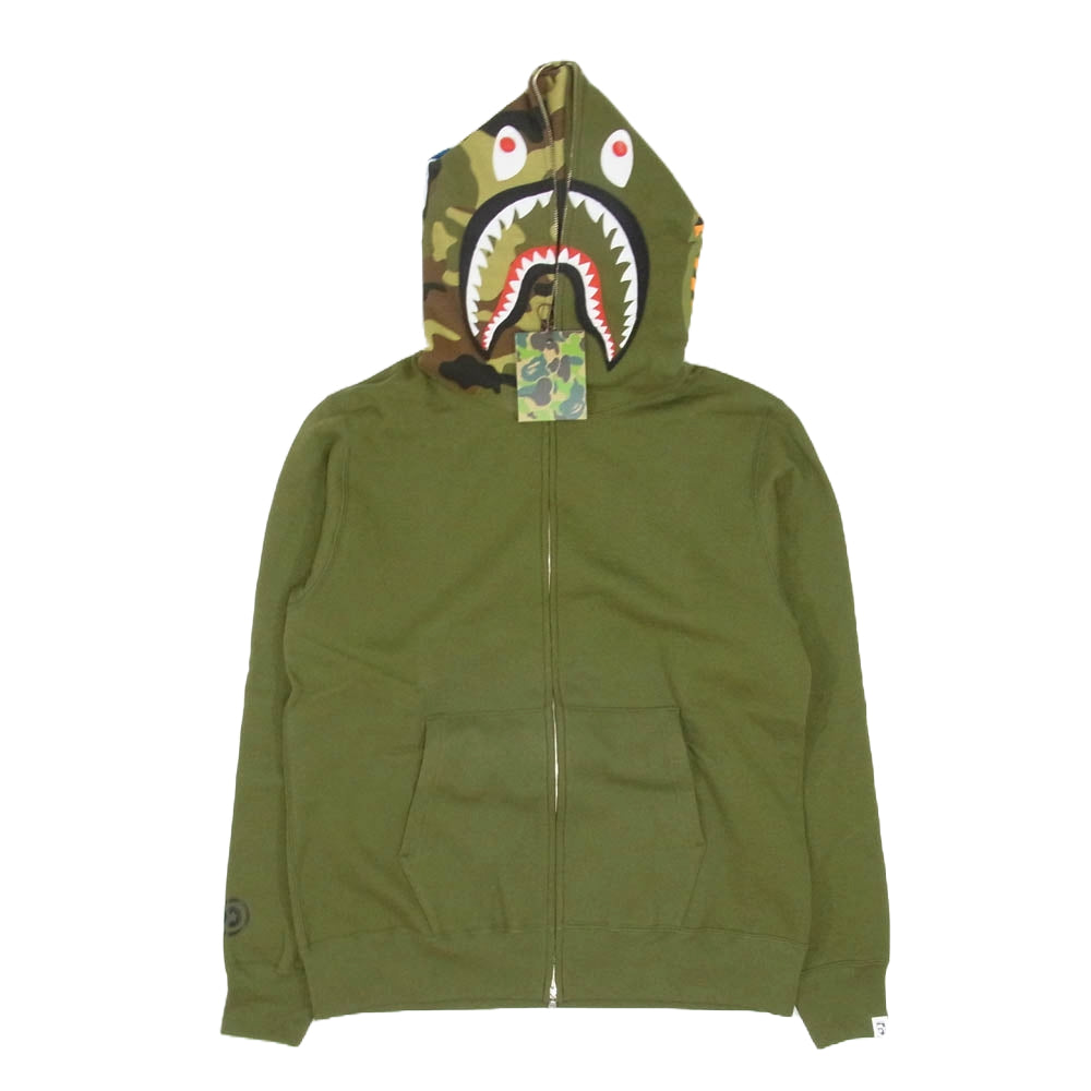 A BATHING APE アベイシングエイプ 1ST SHARK FULL ZIP HOODIE フルジップ パーカー フーディー カモフラージュ 迷彩 カーキ系 L【美品】【中古】