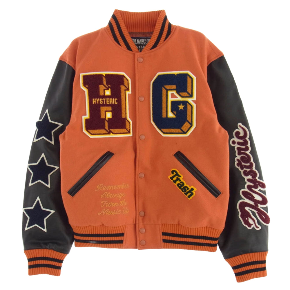 HYSTERIC GLAMOUR ヒステリックグラマー 02243ab10340 TURN THE MUSIC UP 刺繍 スタジャン スタジアム ジャケット ブルゾン オレンジ系 M【極上美品】【中古】