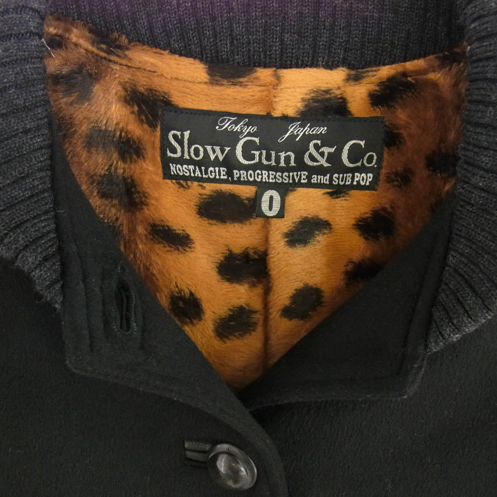 slowgun スロウガン カシミヤ 100％レザー スリーブ スタジアム ジャケット スタジャン 裏地 レオパード ブラック系 マルチカラー系【中古】