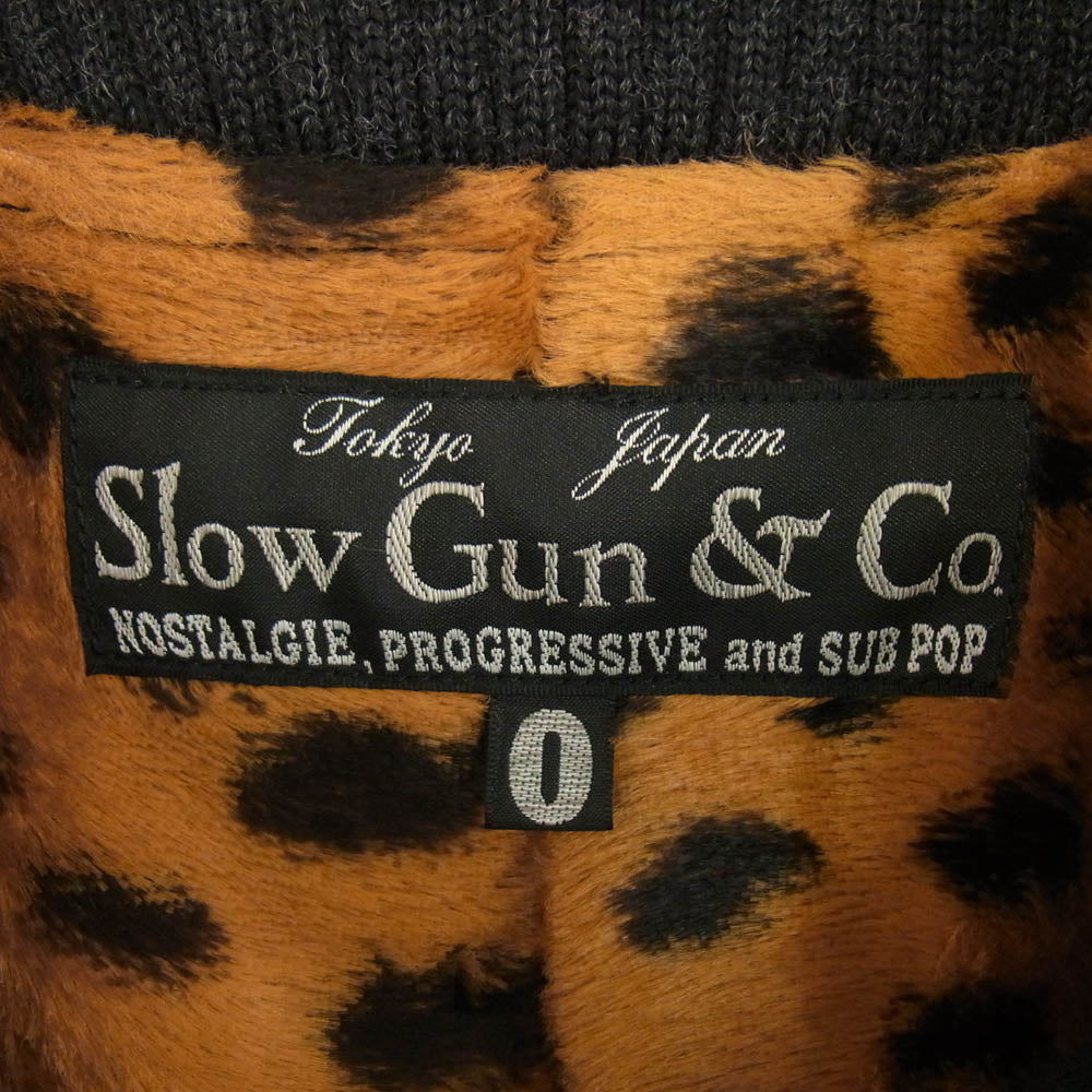 slowgun スロウガン カシミヤ 100％レザー スリーブ スタジアム ジャケット スタジャン 裏地 レオパード ブラック系 マルチカラー系【中古】