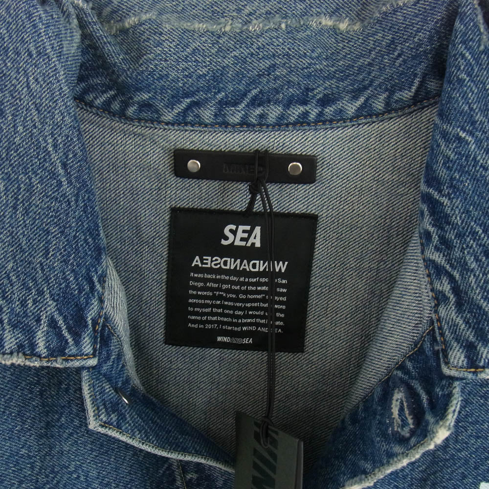WIND AND SEA ウィンダンシー 24MND-WAS001-86-032 × MINEDENIM マインデニム E.BF-GJKT インディゴ セルヴィッジ デニム ロゴプリント デニムジャケット インディゴブルー系 L【新古品】【未使用】【中古】