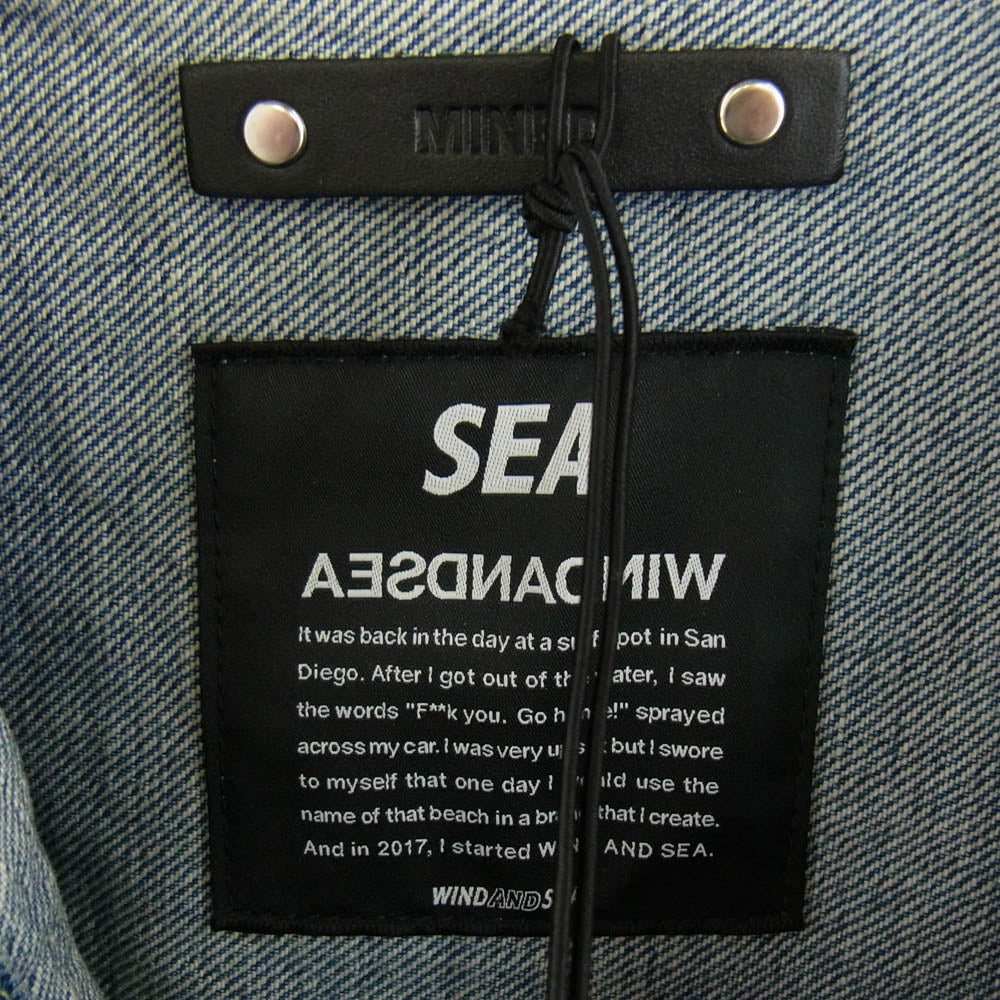 WIND AND SEA ウィンダンシー 24MND-WAS001-86-032 × MINEDENIM マインデニム E.BF-GJKT インディゴ セルヴィッジ デニム ロゴプリント デニムジャケット インディゴブルー系 L【新古品】【未使用】【中古】