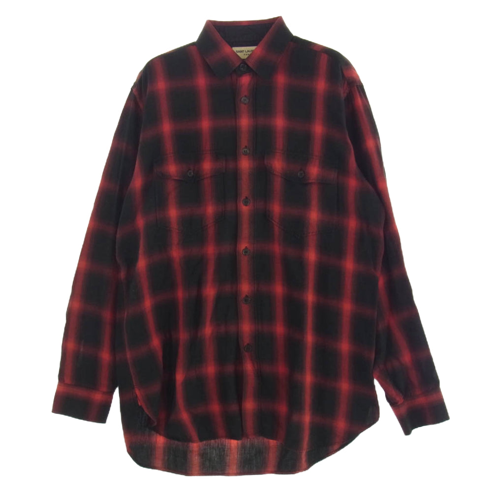 SAINT LAURENT サンローラン 13AW 326627 Y7298 エディ期 コットン リヨセル オンブレ チェック シャツ ブラック系 レッド系 38/15【中古】