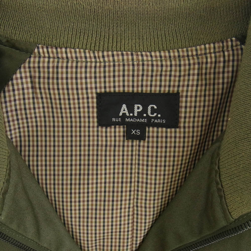 A.P.C. アーペーセー RUE MADAME PARIS 裏地チェック ブルゾン フライト ボマー ジャケット カーキ系 XS【中古】