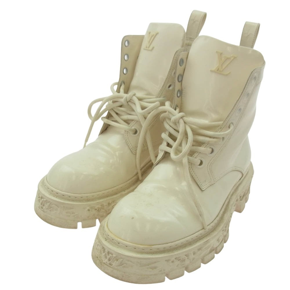 LOUIS VUITTON ルイ・ヴィトン 22AW D1 262 LV バロックライン モノグラムフラワー エナメル レースアップ レザーブーツ ホワイト系 7【中古】