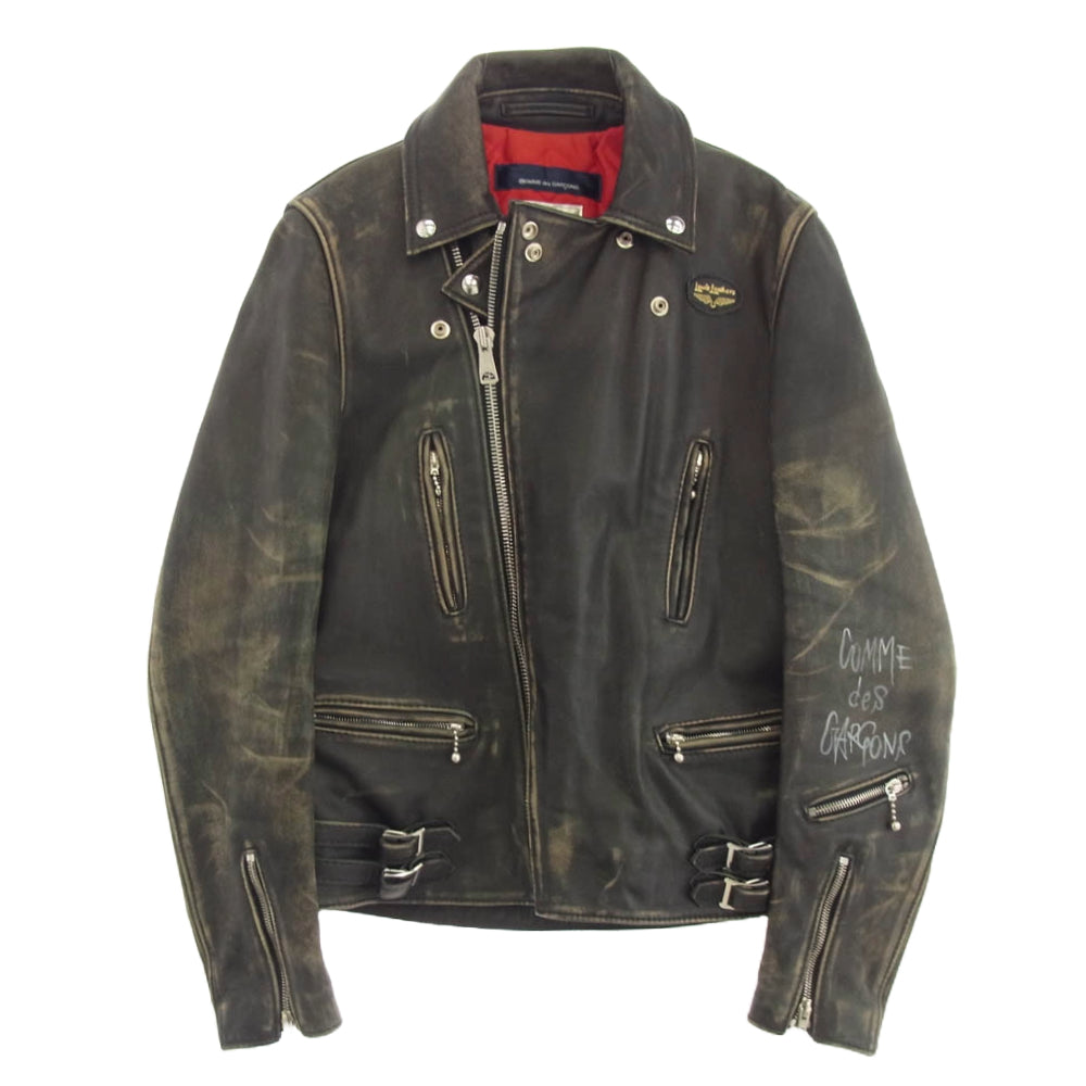 COMME des GARCONS コムデギャルソン AD2016 KZ-J001 × Lewis Lethers ルイスレザー LIGHTNING ライトニング ヴィンテージ加工 裏地キルティング ライダースジャケット ブラック系 38【中古】