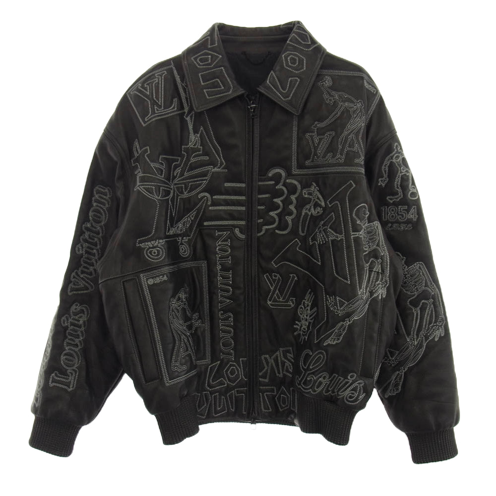 LOUIS VUITTON ルイ・ヴィトン 21AW HLL83E イタリア製 ヴァージル・アブロー期 RM212 ZCZ LV エンブロイダリー レザー ボンバージャケット ブラック系 46【中古】