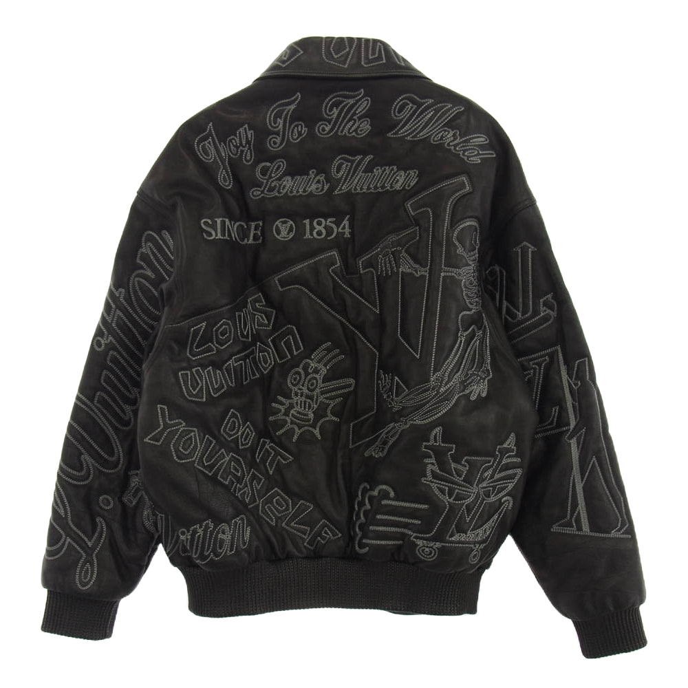 LOUIS VUITTON ルイ・ヴィトン 21AW HLL83E イタリア製 ヴァージル・アブロー期 RM212 ZCZ LV エンブロイダリー レザー ボンバージャケット ブラック系 46【中古】