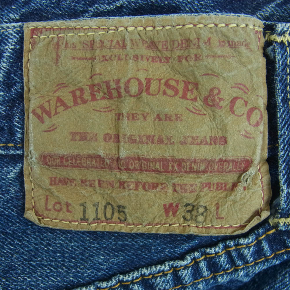 WAREHOUSE ウエアハウス Lot.1105 ジップフライ レッドライン 赤耳 ユーズド加工 ストレート デニム パンツ インディゴブルー系 W38【中古】