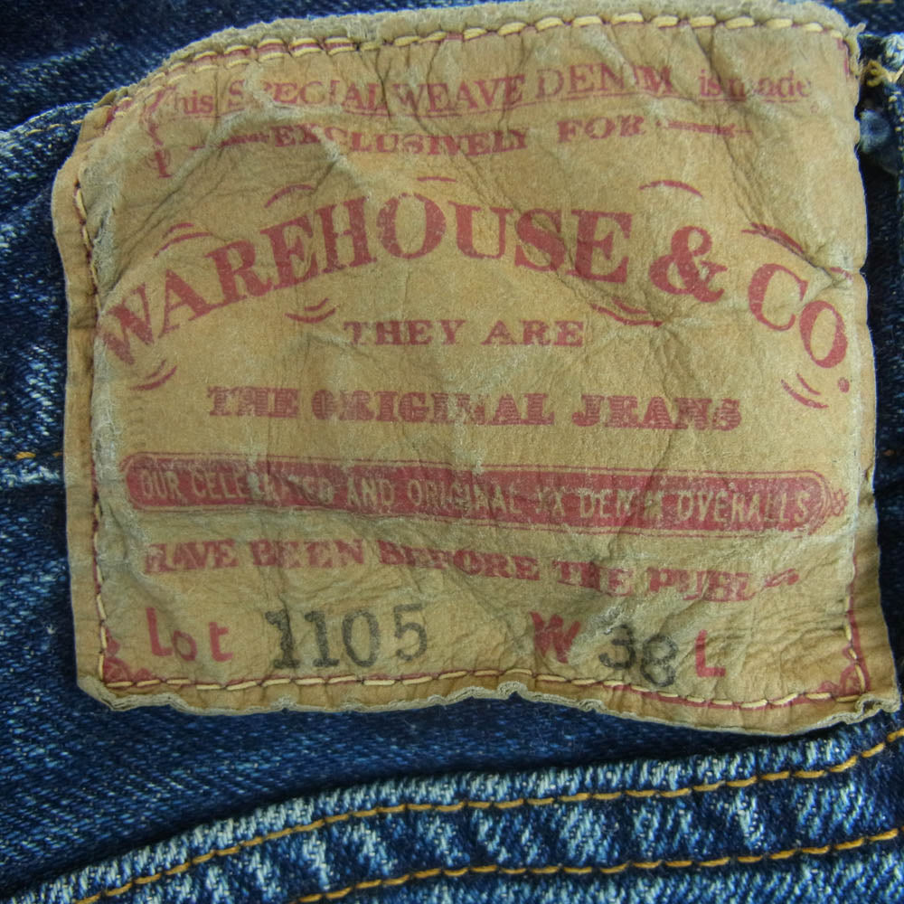 WAREHOUSE ウエアハウス Lot.1105 ジップフライ レッドライン 赤耳 ユーズド加工 ストレート デニム パンツ インディゴブルー系 W38【中古】