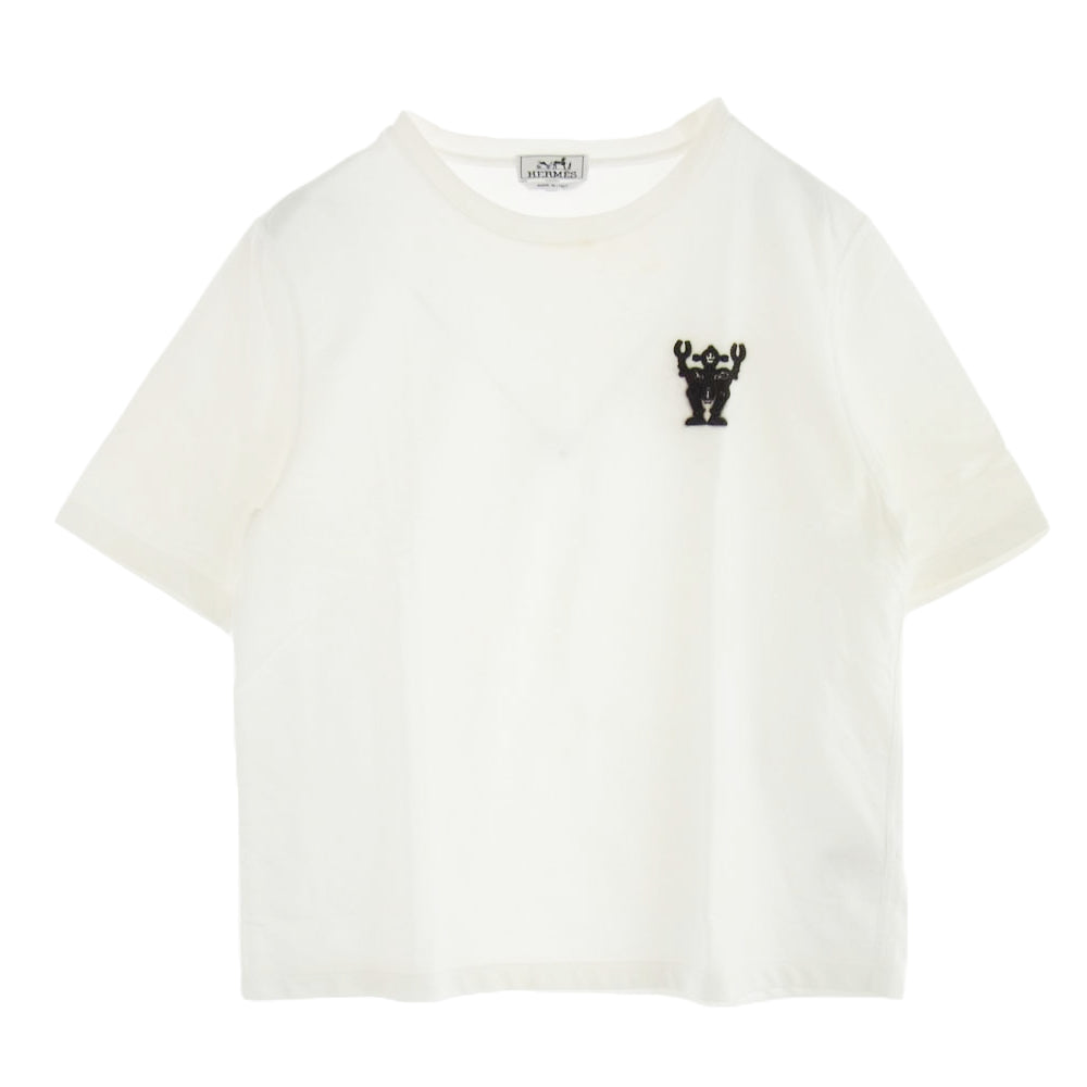 HERMES エルメス ハローミスター ファリエール レザーパッチ Tシャツ カットソー クルーネック ホワイト系 L【中古】
