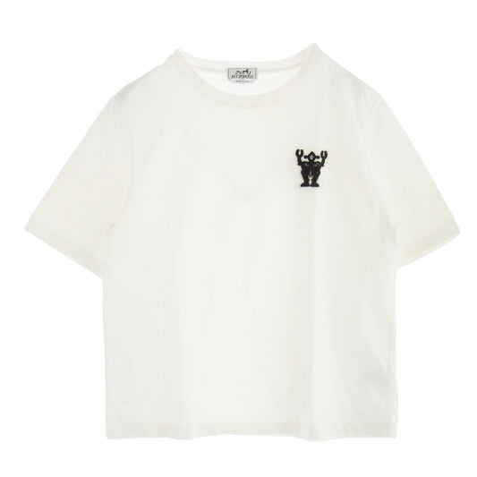HERMES エルメス ハローミスター ファリエール レザーパッチ Tシャツ カットソー クルーネック ホワイト系 L【中古】