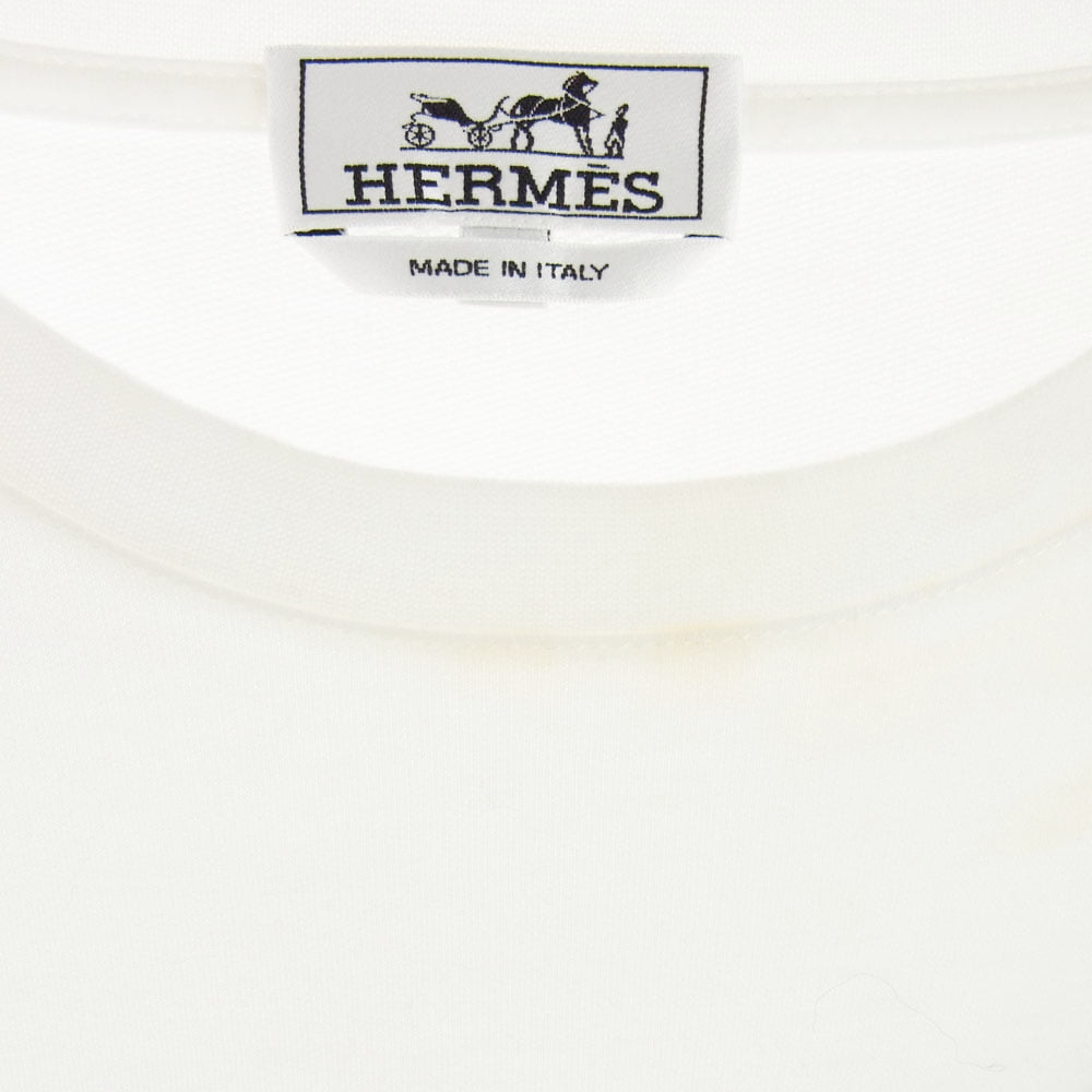 HERMES エルメス ハローミスター ファリエール レザーパッチ Tシャツ カットソー クルーネック ホワイト系 L【中古】