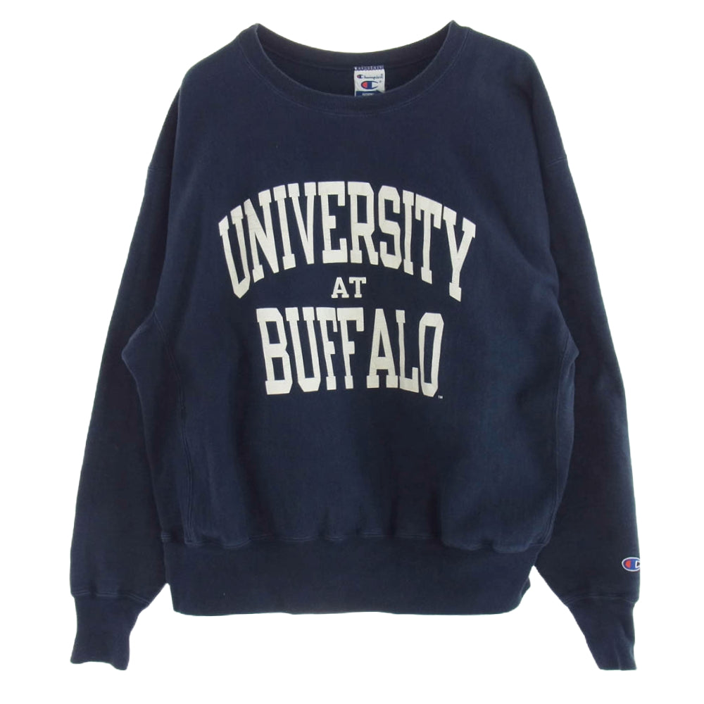 Champion チャンピオン S1050N-031 90s AUTHENTIC ATHLETIC APPAREL UNIVERSITY AT BUFFALO 3段プリント カレッジ クルーネック スウェット トレーナー ネイビー系 XL【中古】